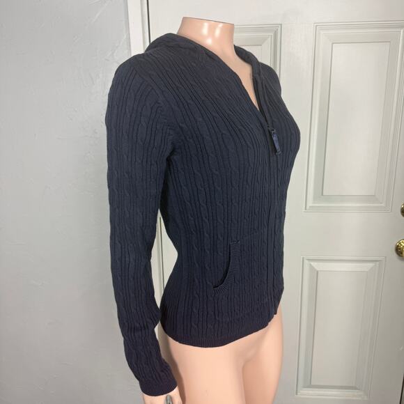 Vintage Y2K Old Navy Women's Sweater XS Cable Knit Hooded Navy Cotton X4-25 - Picture 5 of 7